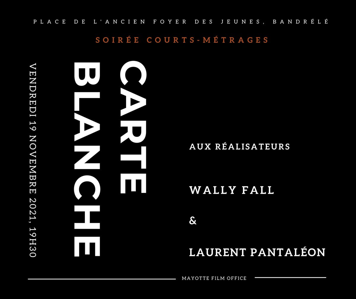 FilmMayotte's tweet photo. 🎥🍿 #Mayotte #projection #courtsmetrages #fiction La soirée #carteblanche à Wally Fall et Laurent Pantaléon, c'est aujourd'hui 19h30 à #Bandrélé en présence des réalisateurs. Entrée gratuite. On vous attend nombreux ! https://t.co/3Frp7LDshy