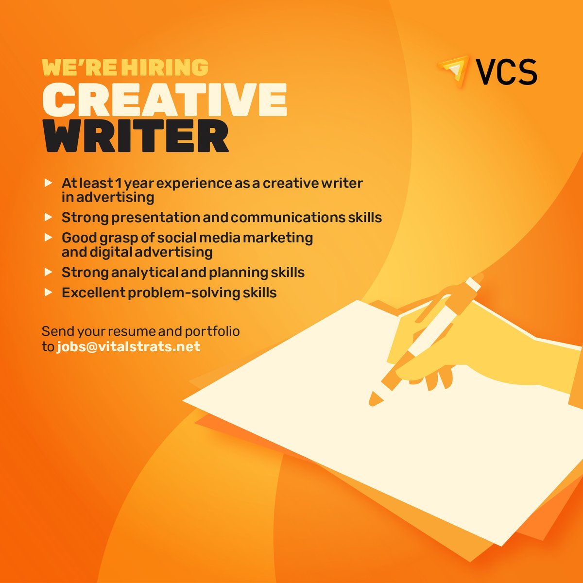 Vitalstrats's tweet photo. #TeamVCS is always on the lookout for talented individuals who can help us create STRATEGICALLY CREATIVE content! Join the team as our CREATIVE WRITER! Send your resume and portfolio to jobs@vitalstrats.net.

—

#buhayahensya #creativeagency #adagency #advertisingph #writersph https://t.co/21pSl9TGaX