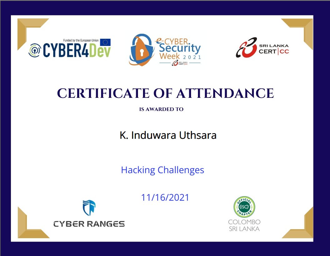 InduwaraUthsara's tweet image. Hacking Challenge 
e-Cyber security week - 2021 

organized by Sri Lanka CERT with CYBER4Dev, powerd by Cyber Ranges

#cybersecurity #hacking
