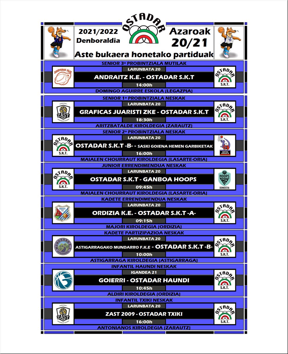ASTE BUKAERA HONETAKO PARTIDUAK
2021/11/20-21🔵⚫️
