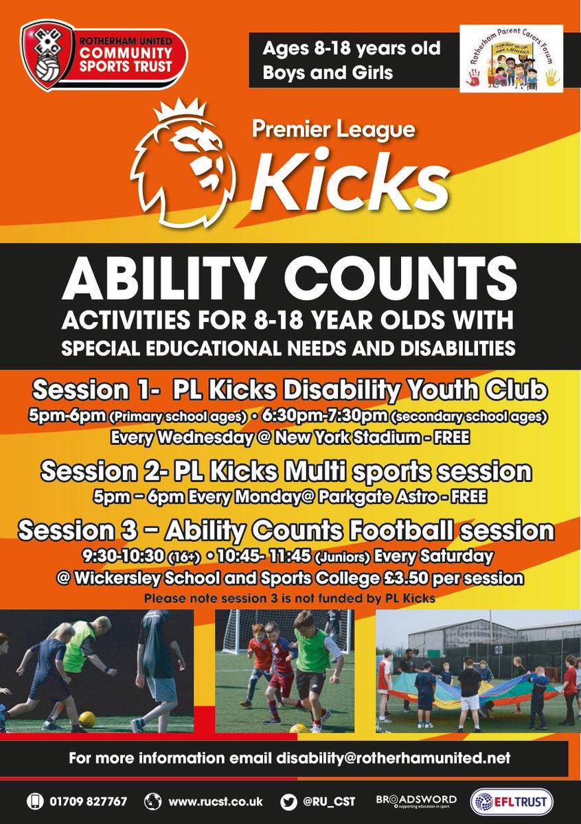 Premier League Kicks is open to boys and girls aged 8-18. They provide a range of activities for special educational needs and disabilities. For more information please email - disability@rotherhamunited.net⚽