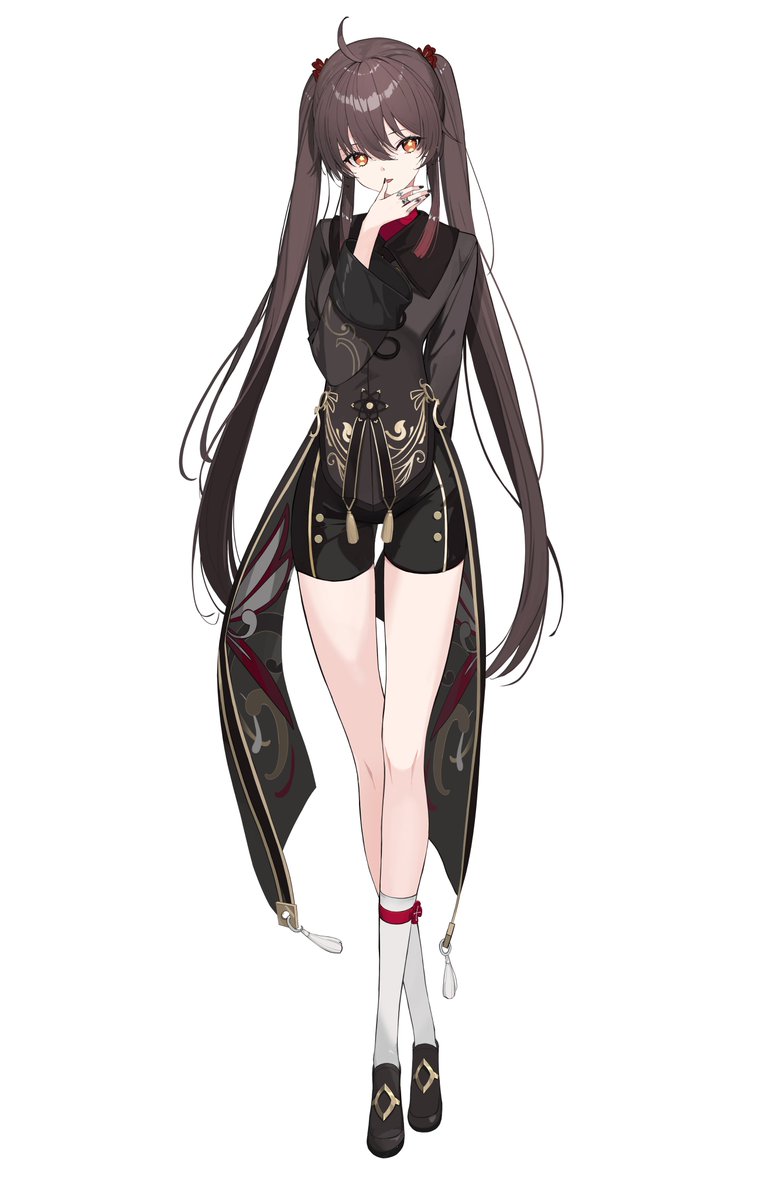 hu tao (genshin impact) 1girl solo full body twintails long hair shorts brown hair  illustration images