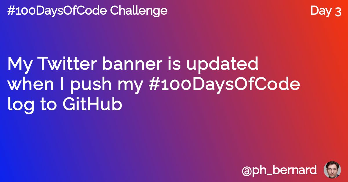 ph_bernard's tweet photo. Day 3: Now when I log my day in my #100DaysOfCode log repo and push to @github, my Twitter banner is updated with the day and progress thanks to a GitHub Action and the #Resoc template I wrote yesterday.
Click on my profile to see how it looks like! https://t.co/WIjUyX0NB5