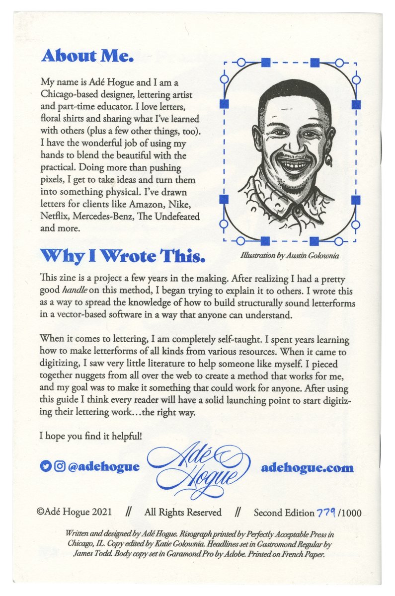 Lett_Arc's tweet photo. Adé Hogue, The Ultimate Guide to the Bezier Method (for lettering), 2nd ed., risograph printed by Perfectly Acceptable Press, Chicago, 2021. ​In remembrance and celebration of @adehogue (1989–2021), designer, letterer, educator, and a pillar of our community. He is sorely missed. https://t.co/wa3V70F4tE