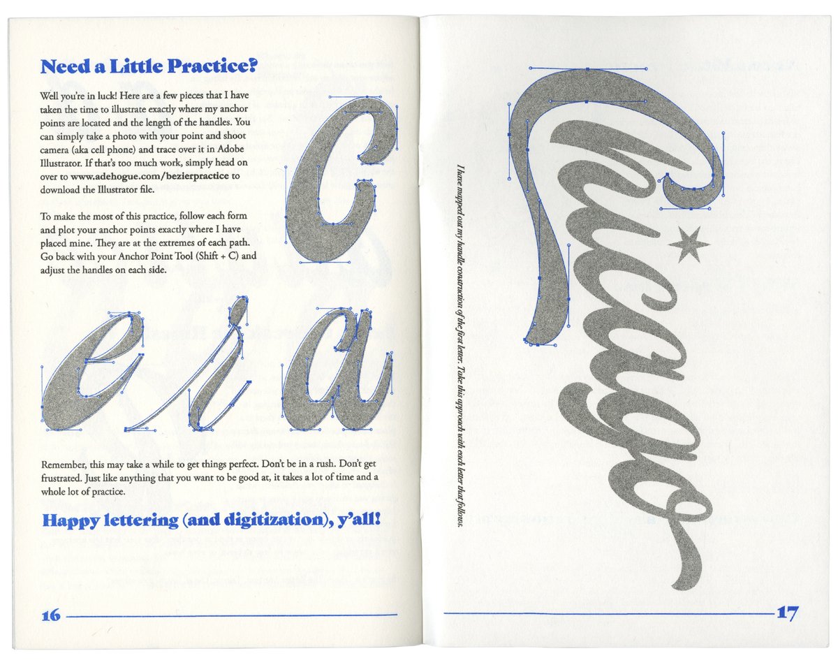 Lett_Arc's tweet photo. Adé Hogue, The Ultimate Guide to the Bezier Method (for lettering), 2nd ed., risograph printed by Perfectly Acceptable Press, Chicago, 2021. ​In remembrance and celebration of @adehogue (1989–2021), designer, letterer, educator, and a pillar of our community. He is sorely missed. https://t.co/wa3V70F4tE
