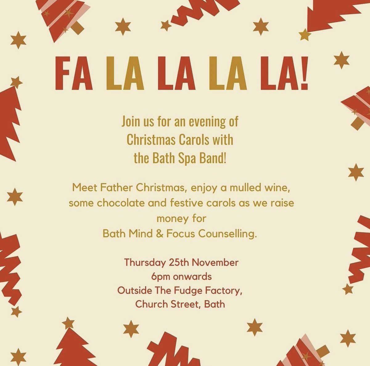 Join us next Thursday for festive carols, mulled wine, chocolate and plenty of good cheer; you may even get to meet Father Christmas himself!🎺🎄 Raising money for <a href="/Focus_Bath/">Focus Counselling</a> and @BathMind ❤️