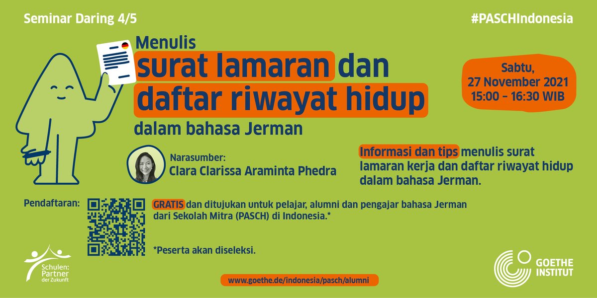 GI_Indonesien's tweet photo. Ingin mempersiapkan daftar riwayat hidup atau surat lamaran dalam bahasa Jerman? Yuk, ikuti seminar ini. Scan QR-Code untuk info lebih lanjut.
#PASCH #IchundPASCH #GoetheInstitut #GoetheInstitutIndonesien #PASCHAlumni #GoetheInstitutJakarta https://t.co/TtWUEplUkf