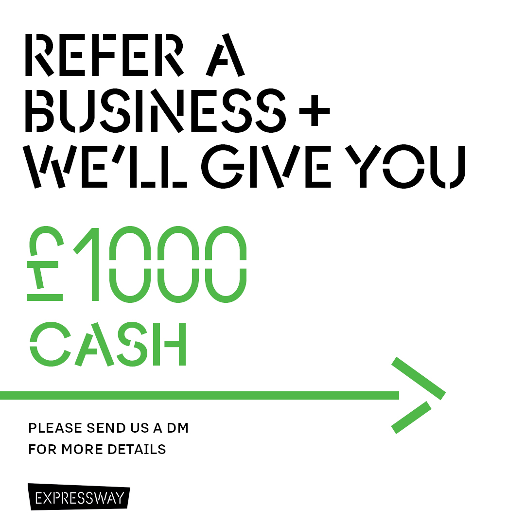 Our amazing refer a business offer is back!!⁣
💵⁣
Earn yourself a whopping £1000 cash – T&amp;C’s apply.⁣
*⁣
DM us more details or contact our Head of Sales, Tony:⁣
📩 Tony@expressway.london⁣
☎ 020 7476 9707⁣
*⁣
Or if you prefer, pop in to see our amazing space!⁣