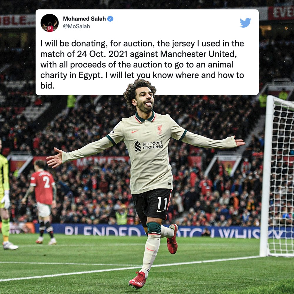 ESPNFC's tweet photo. Mo Salah became the first opposition player to score a Premier League hat trick at Old Trafford.

He's auctioning off that record-breaking shirt to raise money for an animal charity in Egypt 👏🇪🇬 https://t.co/JrcPdYlqjY