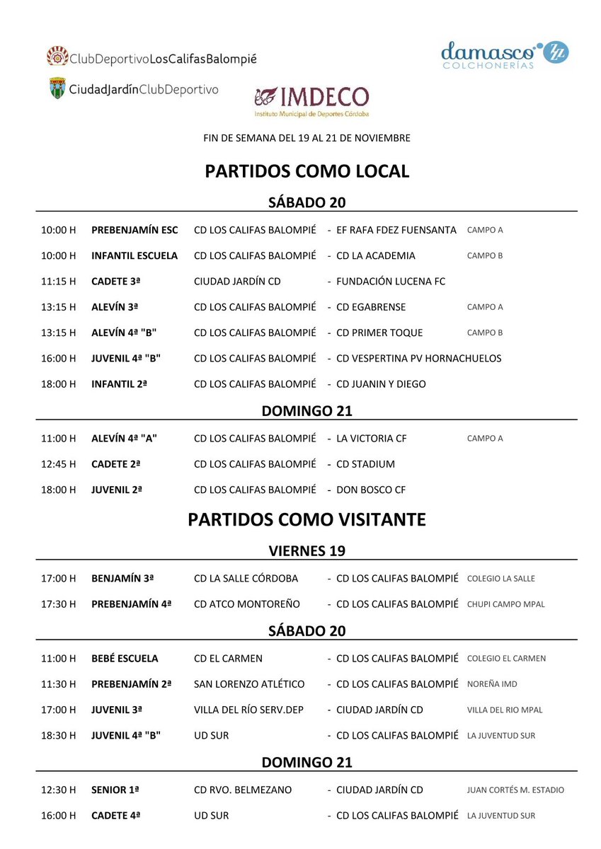 Nueva y completa jornada de partidos en Poniente. Estos son sus horarios para que no te los pierdas. Te esperamos!!!!