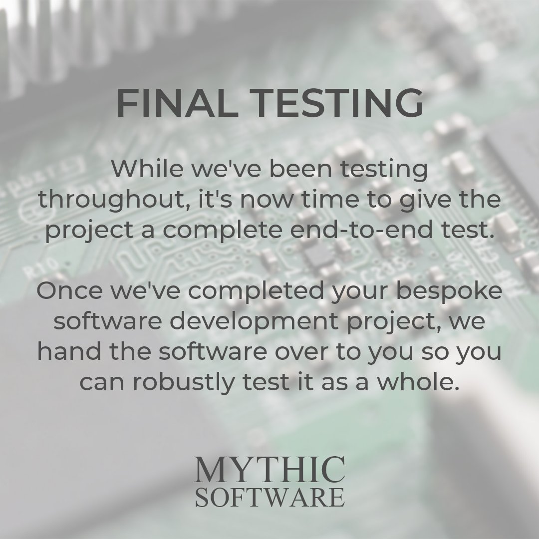 Mythic_Software's tweet photo. Today we are looking at step 5 - final testing.

We make sure your software is fully tested before handing it over to you.

If you've missed any of the other steps, find them all on our website: https://t.co/6Hxefz4uFm

#software #bespokesoftware #business #SoftwareDeveloper https://t.co/8lQnX86cFC
