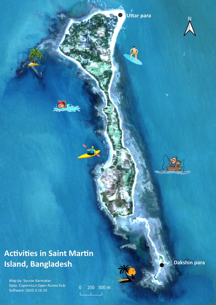 Map of Saint Martin Island, Bangladesh. The solely coral island located 9km away from the mainland, offers multifaceted activities like fishing, scuba diving, kayaking, swimming for national and international tourists.
Map designed by: Sourav Karamakar <a href="/GemMsc/">GEM MSc</a>
#30DayMapChallenge
