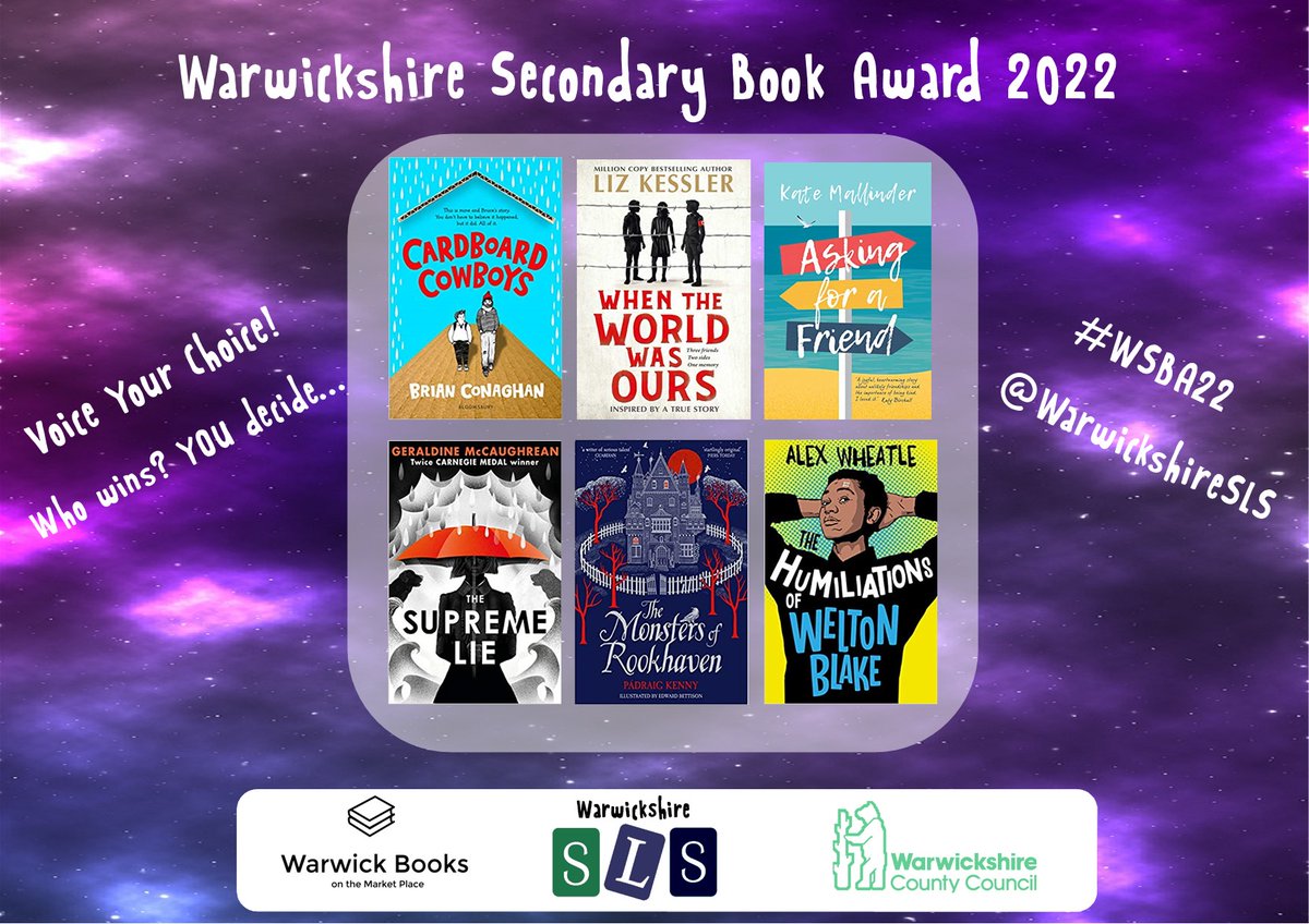 We're delighted to announce the SHORTLIST for our Warwickshire Secondary Book Award 2022! Thanks to all the librarians that helped us shortlist. Congrats to all the authors! Email schoolslibraryservice@warwickshire.gov.uk to take part! #WSBA22 #readingforpleasure❤️📚🥳