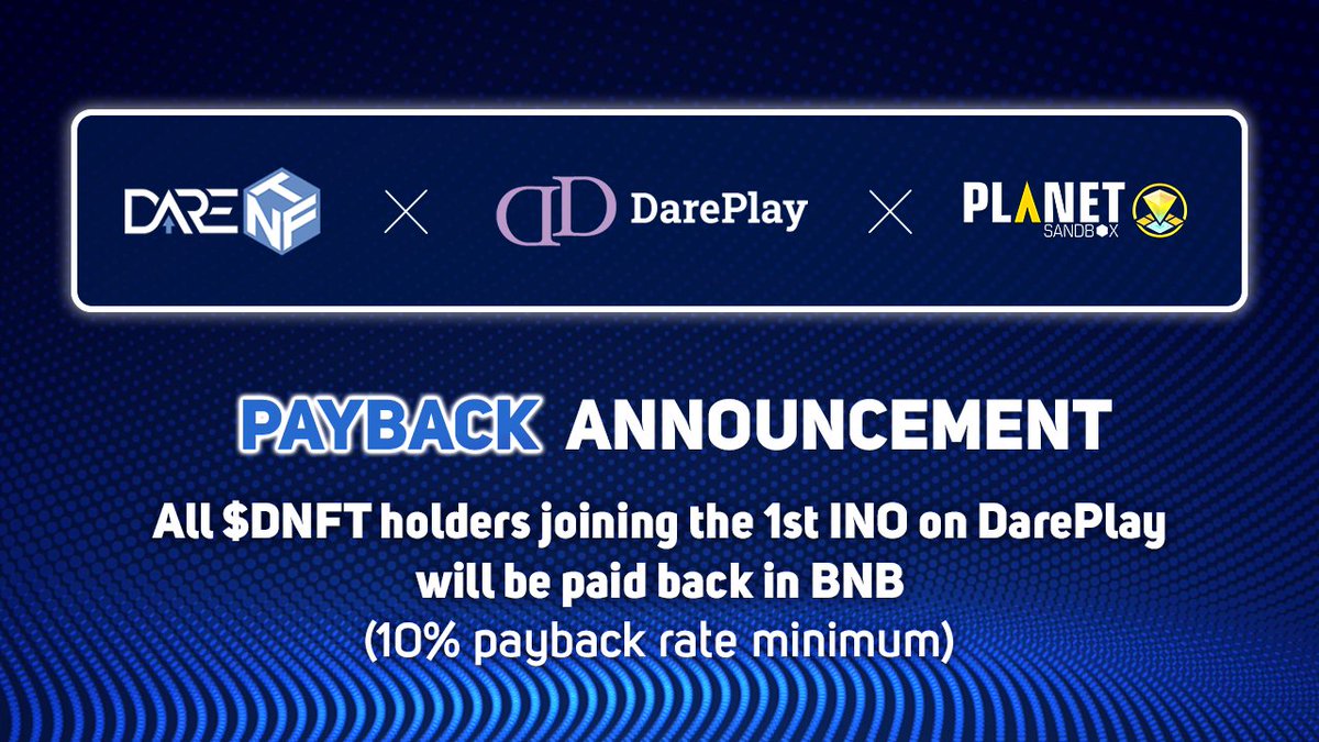 PAYBACK ANNOUNCEMENT: PAYBACK TO ALL $DNFT HOLDERS JOINING THE INO

1/ We've decided to reserve around $6.4K worth of BNB to payback to all $DNFT holders who joined the 1st INO on DarePlay. The minimum payback value is 10% of the total BNB you have spent.