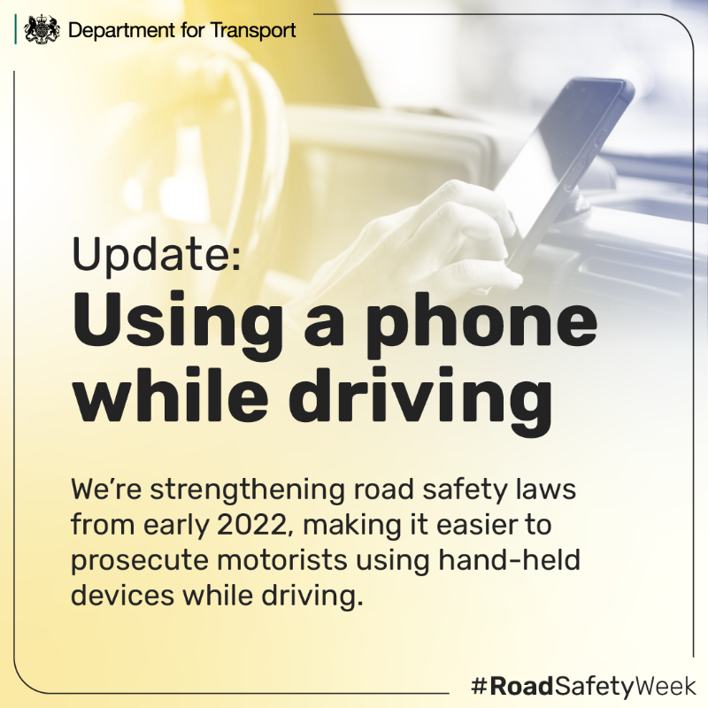 transportgovuk's tweet photo. In early 2022, it will be easier to prosecute drivers using hand-held mobile phones who:
 
📸 Take photos or videos
📱 Scroll through stored apps or playlists
🎮 Play stored mobile games
 
Read more on the updated law: https://t.co/wjdZ0x18gz
 
#RoadSafetyWeek