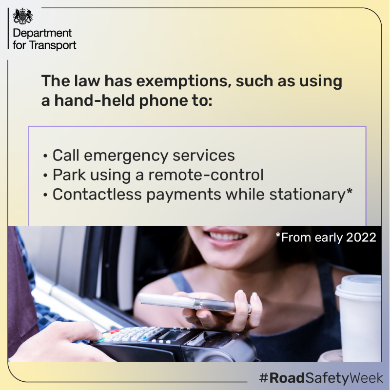 transportgovuk's tweet photo. In early 2022, it will be easier to prosecute drivers using hand-held mobile phones who:
 
📸 Take photos or videos
📱 Scroll through stored apps or playlists
🎮 Play stored mobile games
 
Read more on the updated law: https://t.co/wjdZ0x18gz
 
#RoadSafetyWeek