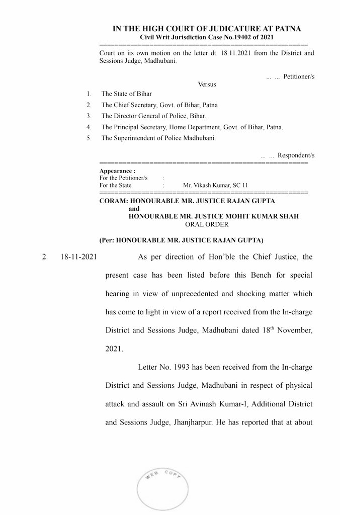 BeingLawman's tweet photo. The Patna High Court has taken suo moto cognizance of an act of police violence against an Additional District and Sessions Judge,Jhanjharpur. "Patna HC Calls incident puts the independence of the judiciary in jeopardy " #PoliceViolence #disappointed
@PMOIndia @HMOIndia @cmbihar https://t.co/1QmLNgP6sI
