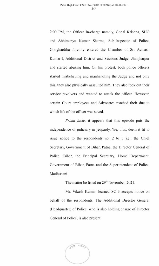 BeingLawman's tweet photo. The Patna High Court has taken suo moto cognizance of an act of police violence against an Additional District and Sessions Judge,Jhanjharpur. "Patna HC Calls incident puts the independence of the judiciary in jeopardy " #PoliceViolence #disappointed
@PMOIndia @HMOIndia @cmbihar https://t.co/1QmLNgP6sI