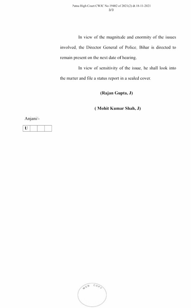 BeingLawman's tweet photo. The Patna High Court has taken suo moto cognizance of an act of police violence against an Additional District and Sessions Judge,Jhanjharpur. "Patna HC Calls incident puts the independence of the judiciary in jeopardy " #PoliceViolence #disappointed
@PMOIndia @HMOIndia @cmbihar https://t.co/1QmLNgP6sI
