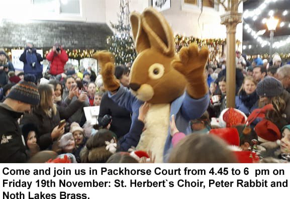KeswickRotary's tweet photo. Keswick Xmas Lights festival is back!! Come &amp; join the fun from 4:45 in Packhorse Court. Peter Rabbit will be making an appearance. Music &amp; entertainment for all the family with main lights switch on by Keswick First Responders at 7pm. https://t.co/VOogJDHPVu