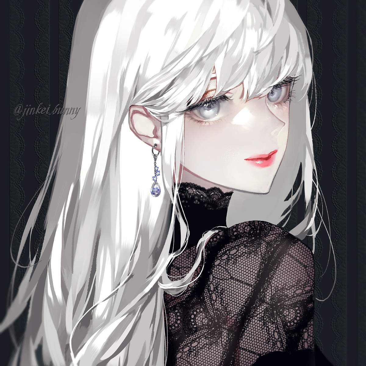 1girl jewelry solo long hair earrings white hair looking at viewer  illustration images
