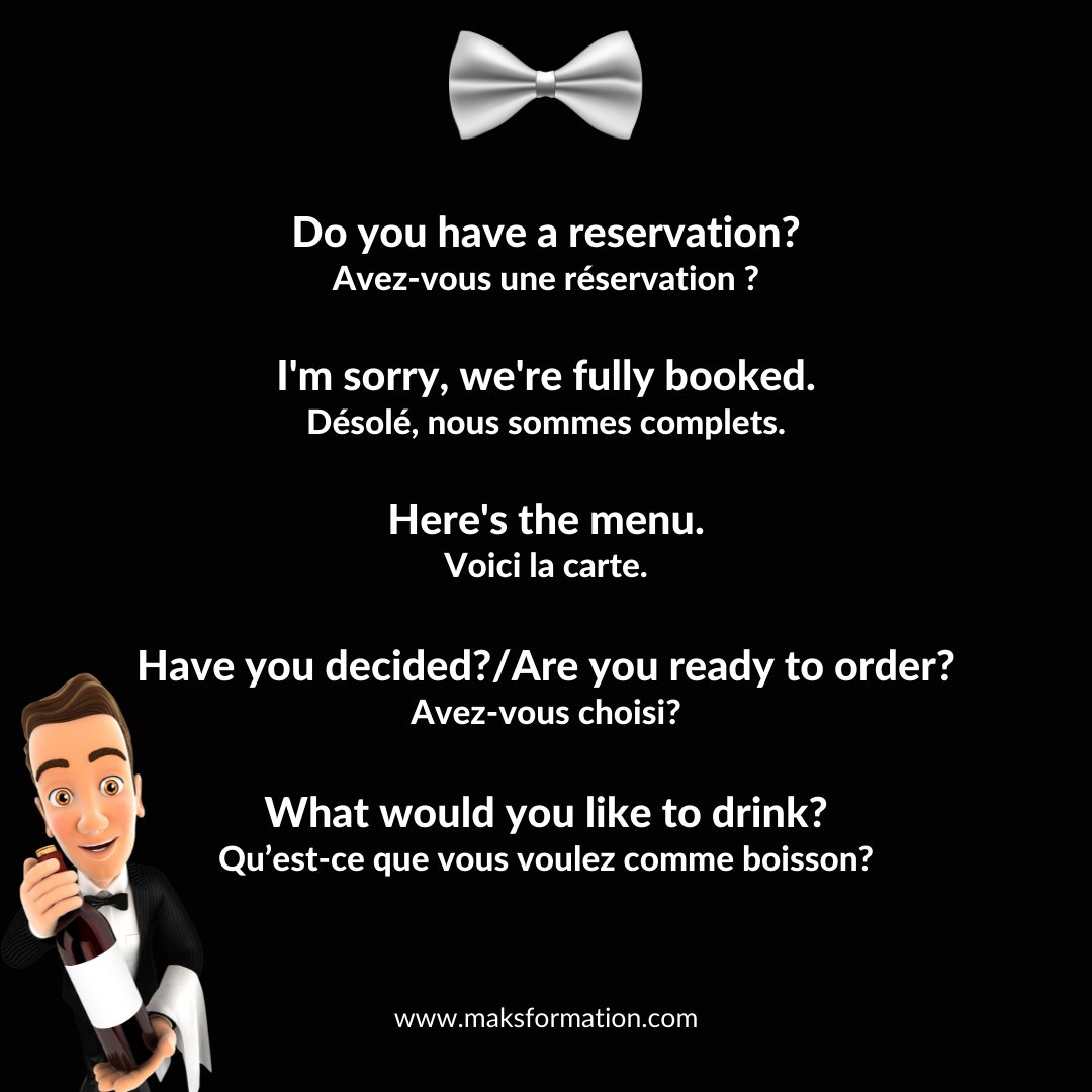 FormationMaks's tweet photo. Un client Γ©tranger arrive. Savez-vous quoi dire ? Pas de panique - Γ l'aide de ces phrases indispensables.
Vous voulez apprendre plus de vocabulaire sur les restaurants ? Faites-le nous savoir dans les commentaires! #coursdanglais #moncompteformation #formationadistance https://t.co/2QzJdixojv