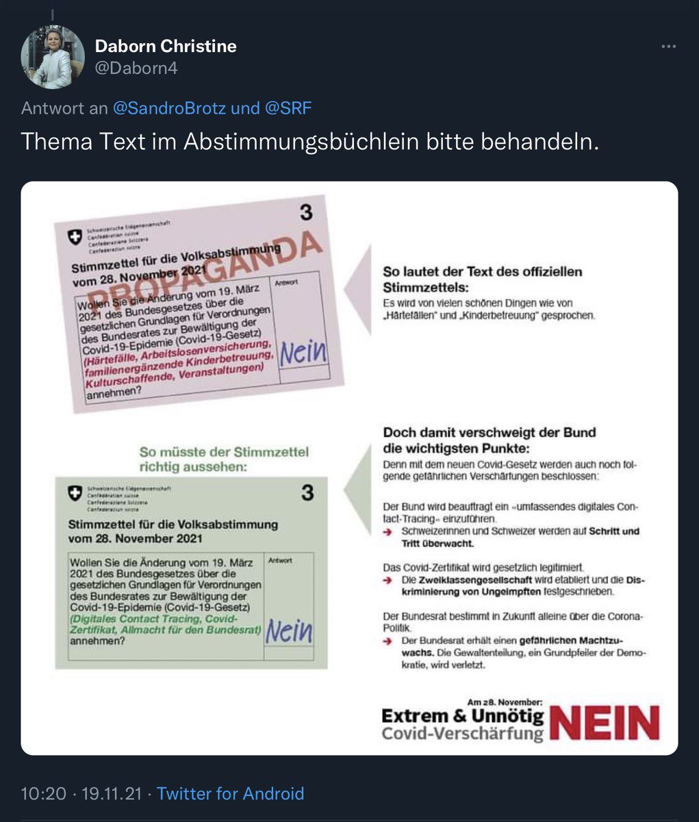 Ahnenforscher2's tweet photo. Wie auf dem Propagandabild der Nein-Kampagne zu erkennen, sieht man, dass die Gegner:innen auch gegen das #ContacTracing sind. Bekanntlicherweise auch gegen das Maskentragen, eigentlich sind sie gegen alles. #JaZumCovid19Gesetz #CovidGesetzJa #srfarena https://t.co/y1Mu9mQR2p