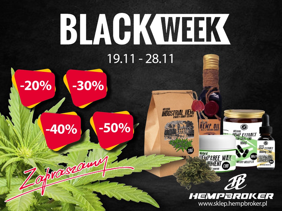 HempBrokerPL's tweet photo. Czas rozpocząć BLACK WEEK w HEMPBROKER POLSKA

https://t.co/KGTNTc2pJR

Czas trwania promocji 19.11 - 28.11 

Gorąco zapraszamy do skorzystania z naszej oferty 

#blackweek #blackweekend #blackfriday #hemp #extracts #cbdoil #cbd #cbg #health #zdrowie #konopia #weed #promocja https://t.co/wk8DPQbB0j