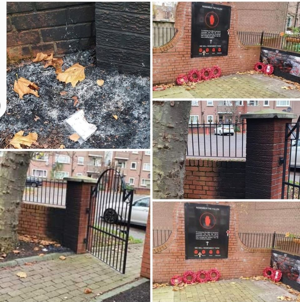 redhanddave74's tweet photo. Ballynafeigh/ Annadale Remembrance Garden, the poppy wreaths that had been placed on Sunday burnt last night. https://t.co/0CpfTOkULJ