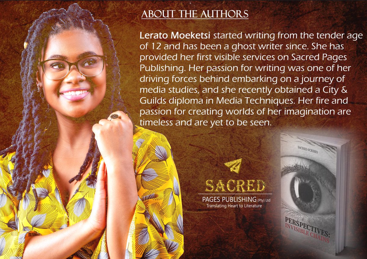 sacred_pages's tweet photo. Meet Lerato Moeketsi

PERSPECTIVES: INVISIBLE CHAINS | R200 | ✉️: info@sacredpages.co.za

Banking details: 
SACRED PAGES PUBLISHING
Bank FNB/RMB
Account number 62815931656
Branch code 250655
Reference: Full names, Perspectives

#InvisibleChains 📚 #SacredScribes ✍🏽 https://t.co/Uo7cZmocYm