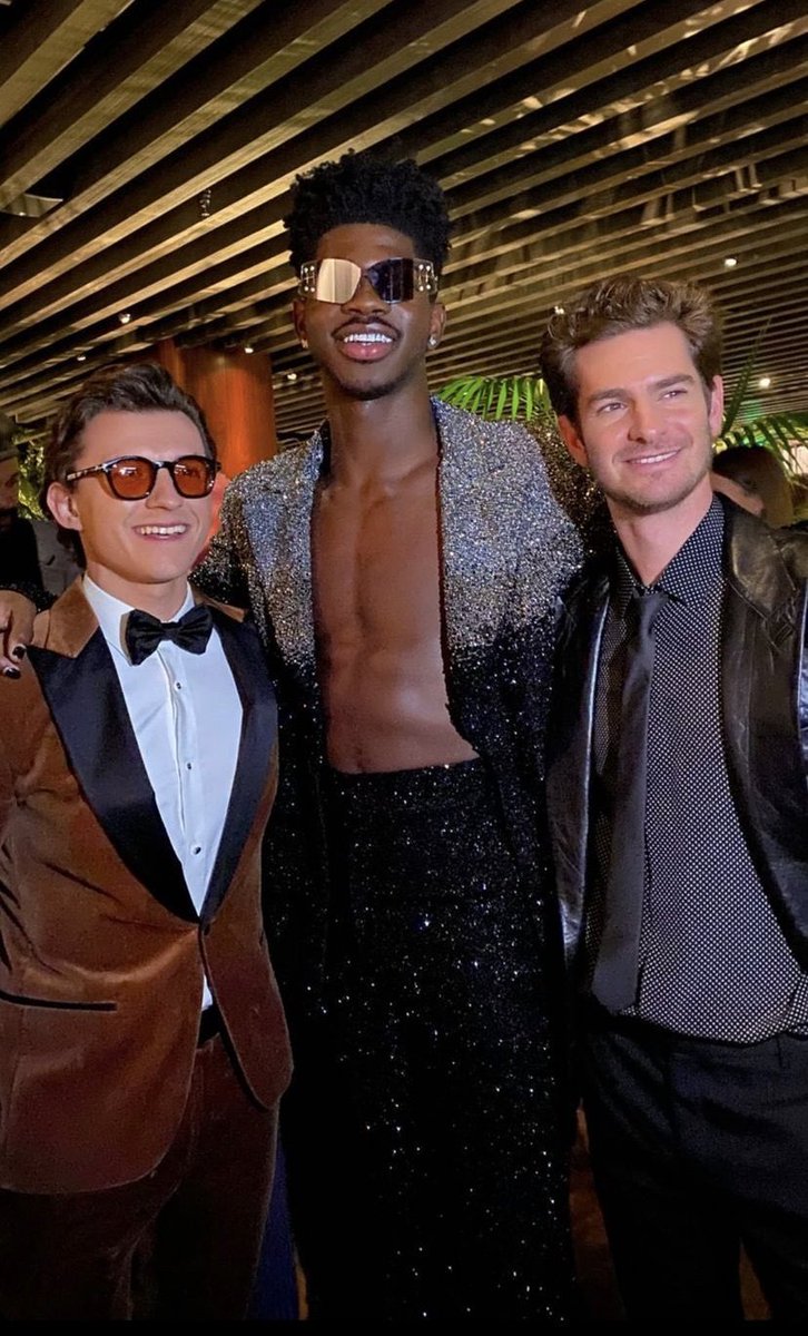 SpiderMan_Newz's tweet photo. Tom Holland ,Andrew Garfield and Lil Nas X from what I believe was from last night https://t.co/Jk0s6GrIqi