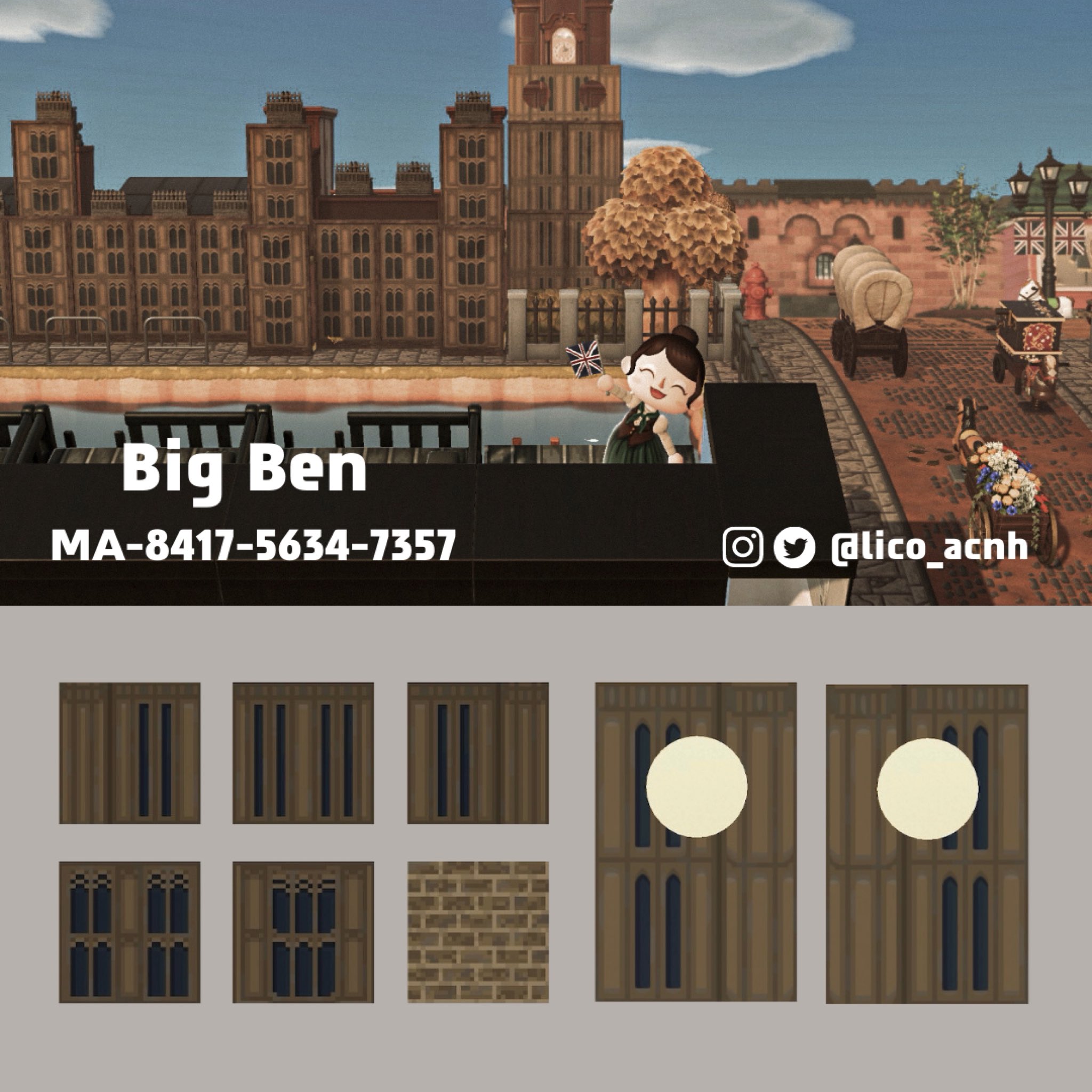 Lico Big Ben ビッグベンで使用した窓などのマイデザです 使えそうなら何にでも使って下さい あと レンガ等4種の透過バージョンも追加してます Ma 8417 5634 7357 あつまれどうぶつの森 あつ森 マイデザイン マイデザイン配布