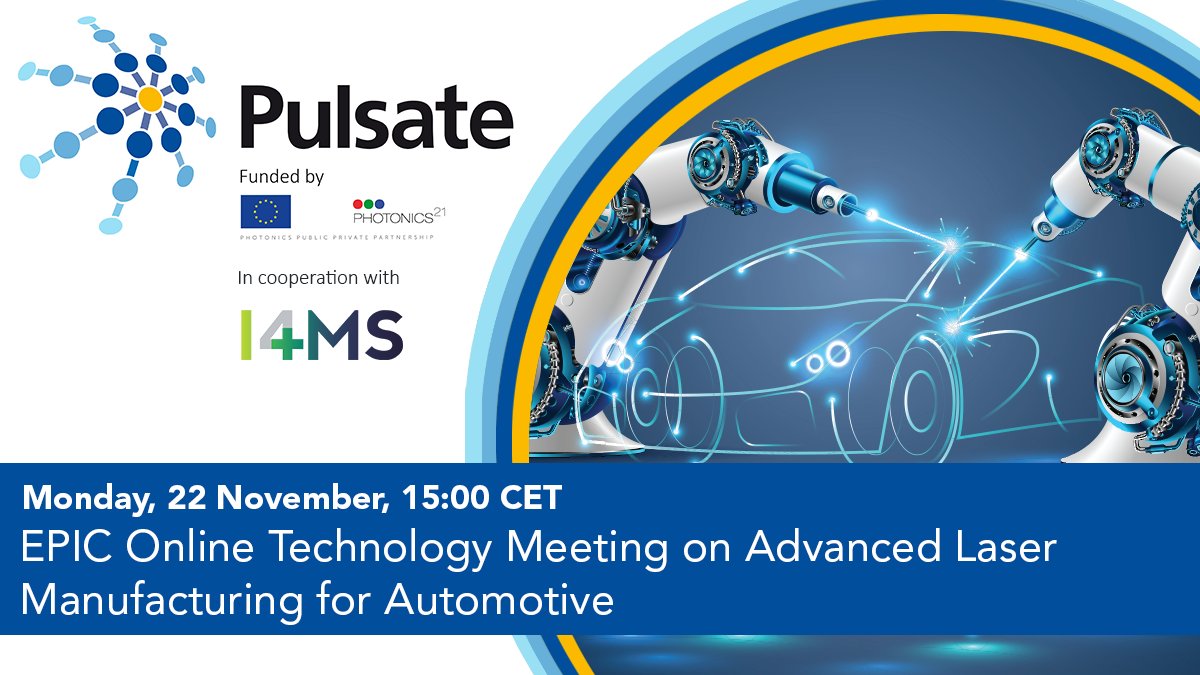 PULSATE is attending the EPIC Online Technology Meeting on Advanced Laser Manufacturing for Automotive to be held on 22 November, from 15:00 CET. Register here: epic-assoc.com/epic-online-te… and attend the live discussions.

#photonics <a href="/Photonics21/">Photonics21</a> <a href="/PhotonicsEU/">PhotonicsEU</a>