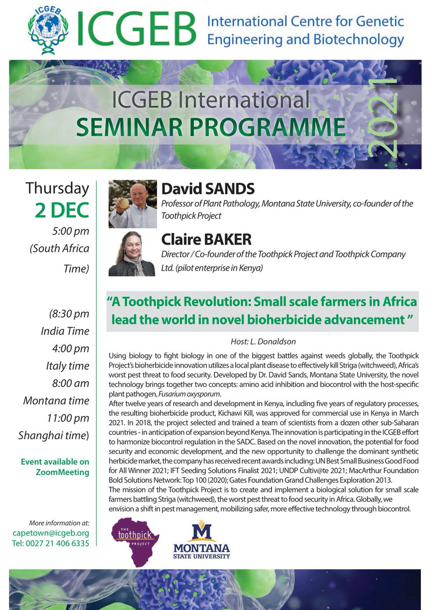 ICGEBCapeTown's tweet photo. Final 2021 #ICGEBCapeTown Seminar!
Delighted to host David Sands & Claire Baker talking on 'A toothpick revolution' @StrigaToothpick 🌱
📅 2 December 2021
🕐 5pm South Africa time
🔗 for link email: claudia.russo@icgeb.org
#striga #toothpickproject #bioherbicide #Africa https://t.co/Zw8tWNm6VA