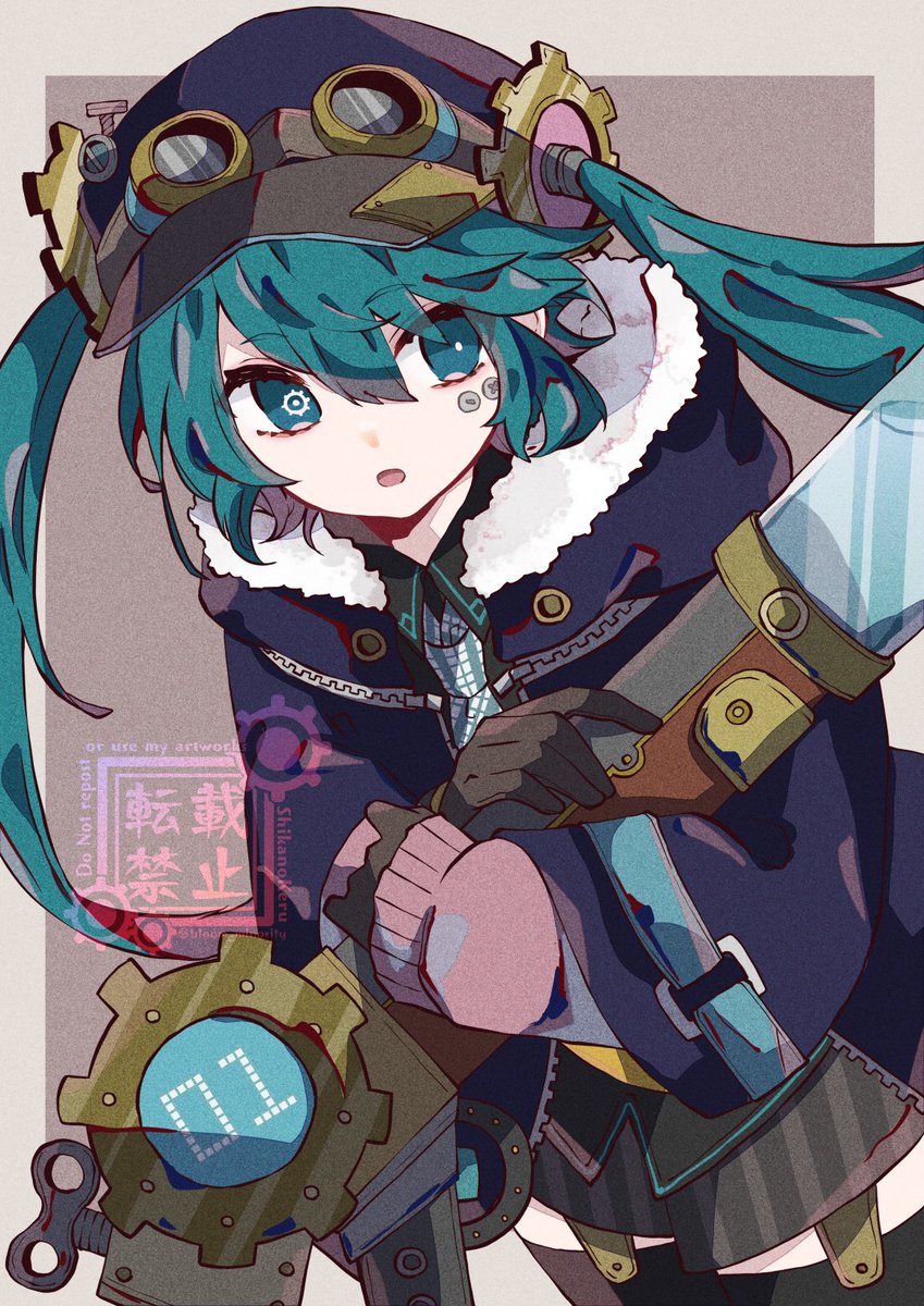 hatsune miku 1girl steampunk twintails solo goggles on headwear hat long hair  illustration images