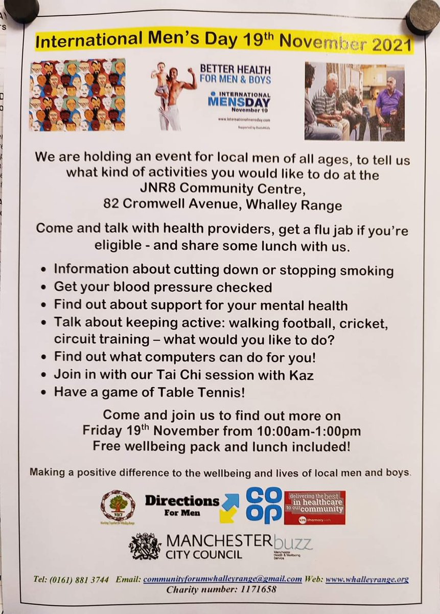 If any local men in the area would like to come along to JNR8 on Cromwell Avenue we have blood pressure checks, health and wellbeing information and advice, free wellbeing bags, table tennis, table football and lots more! Please come along to support the event! ♂️😁