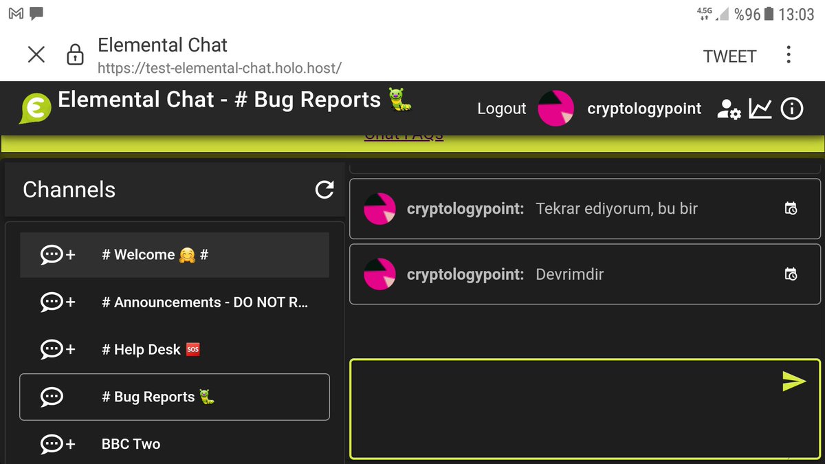 CryptologyPoint's tweet photo. #HOT Chat mesaj test ekran görüntüsü. Burda dursun. Bana göre tarihi bir an. https://t.co/YSky3eajbJ