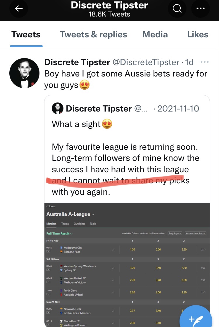 TheTipsterGuide's tweet photo. Sure that @DiscreteTipster will
Update his followers on his favourite league tips and results 

Another -5u lost here add it to the overall 💩 totals across the board

2 years we’ve been saying pre match are the downfall and he doesn’t listen because he doesn’t care £££££ https://t.co/gVWSOAeBHz