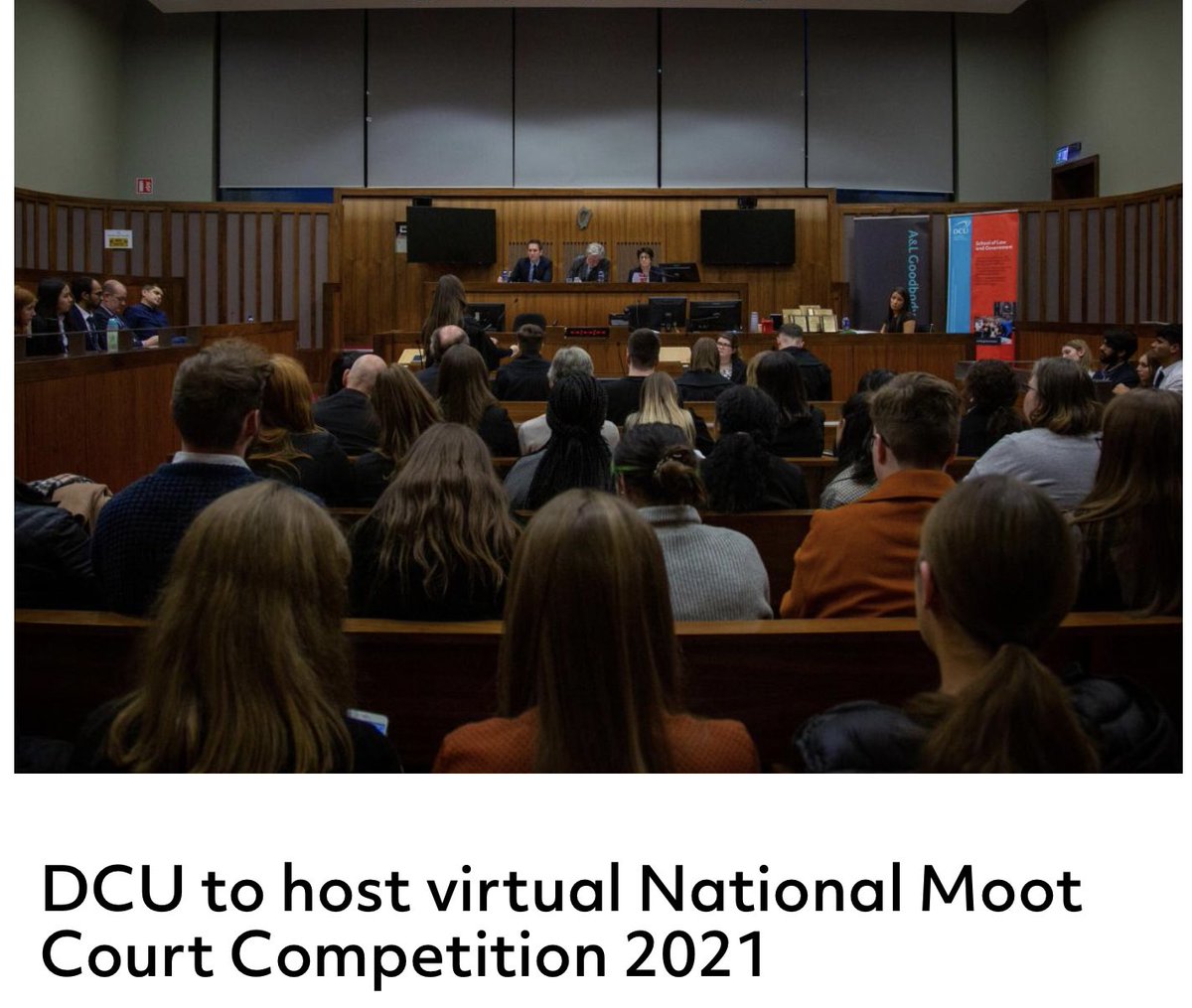 The 12th National Moot Court Competition, hosted by ourselves &amp; sponsored by <a href="/ALGoodbody/">A&L Goodbody LLP</a> takes place tomorrow. The Grand Final, chaired by the Supreme Court’s Justice John MacMenamin, is at 3.30 - 5.30pm. To register to view it live on #Zoom, go to: dcu-ie.zoom.us/webinar/regist….