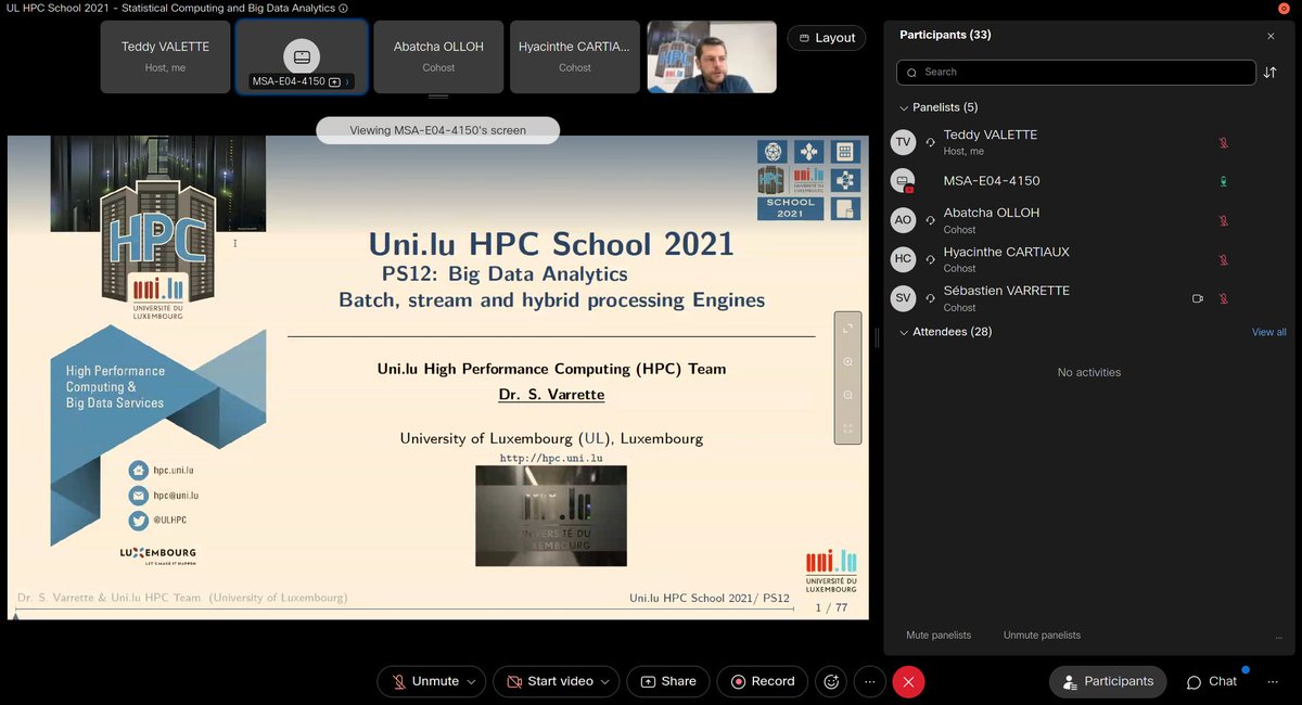 ULHPC's tweet photo. The very last hands-on session that concludes more than a week of the UL #HPCSchool 2021 @uni_lu. Sébastien Varrette @svarrette is giving a presentation on Big Data Analytics concepts and Batch, Stream, and Hybrid processing engines.

https://t.co/UplV9WuHHM https://t.co/5HlOxeX0LS