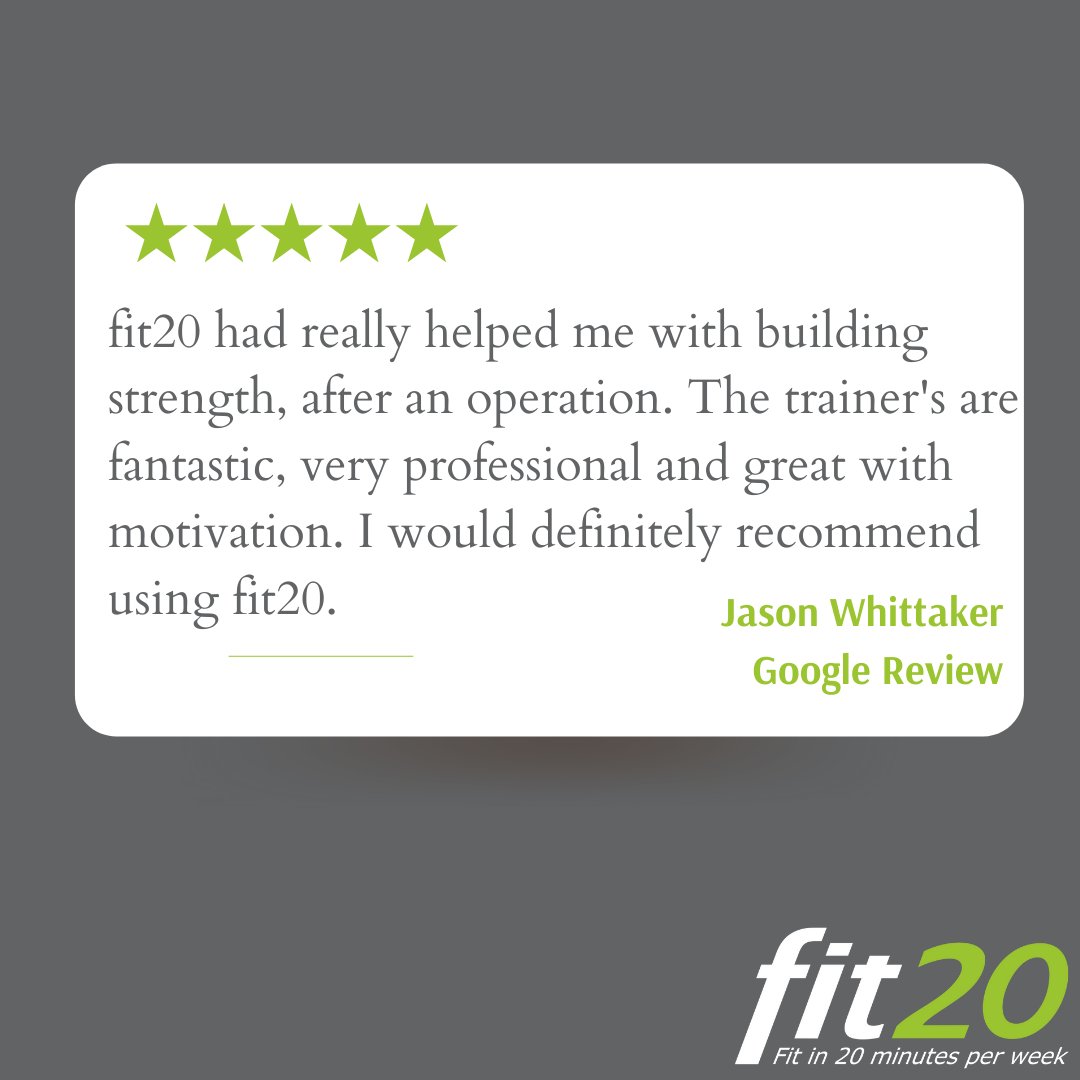 REVIEW TIME👇

"fit20 had really helped me with building strength, after an operation. The trainer's are fantastic, very professional and great with motivation. I would definitely recommend using fit20." - Jason Whittaker

Leave a review on our Facebook review page.