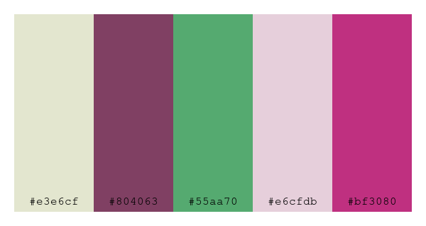 ColPaletteBot's tweet image. Beep beep, here&apos;s a pretty color palette for you! 

color-scheme.js parameters used: 
- hue: 339
- variation: pastel
- colors: #e3e6cf, #804063, #55aa70, #e6cfdb, #bf3080

Have a lovely day!

#twitterbot #colorpalette #colors #palette #prettycolors