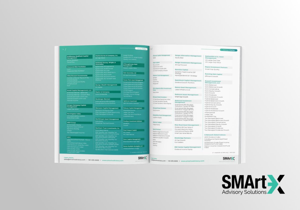 SMArtXAdvisory's tweet photo. Over 900+ Strategies &amp; 200 Third-Party Managers are contained within these 14 pages. Download SMArtX's November 2021 Manager Profiles Brochure to see who made the list and which strategies may be a fit for your firm 👇https://t.co/45LD9ZQoOa

#SMArtX #TAMP #ManagerProfiles https://t.co/H8WnC7yPPQ