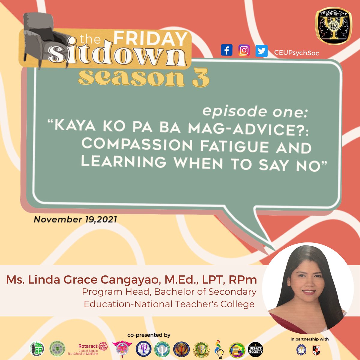 CEUPsychSoc's tweet photo. It’s time for The Friday Sit-down’s 1st episode for the 3rd season!

So, before you go ahead and listen on the Anchor or Spotify app, we have an important question for you 👀

Kaya mo pa ba mag advice? https://t.co/mUHPssqh8K