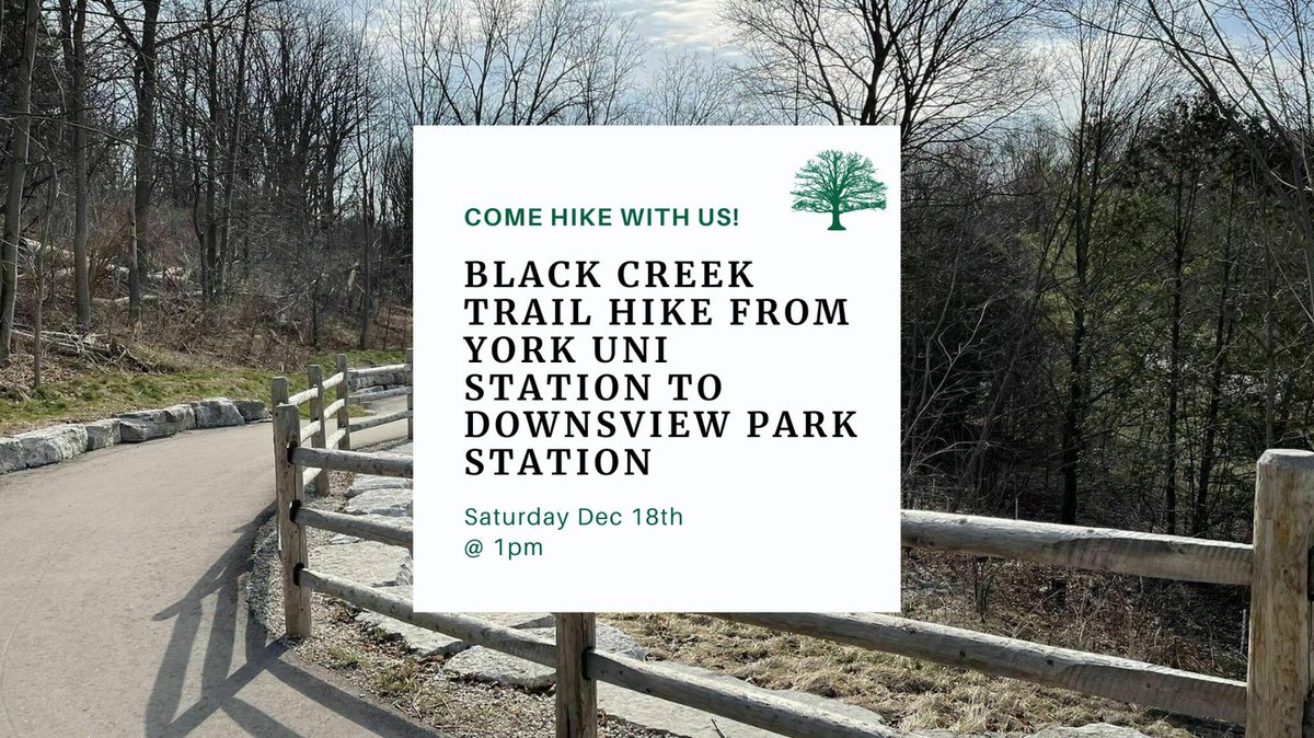 Let's go exploring on the Black Creek Trail! 
We'll start our walk from York University  Station and walk south along the trail,  ending at Downsview Park Station.
🌿 Register at bit.ly/LetsHikeTOEven…. All are welcome!
#hikingtoronto #torontolife #letshiketo #diversifyoutdoors