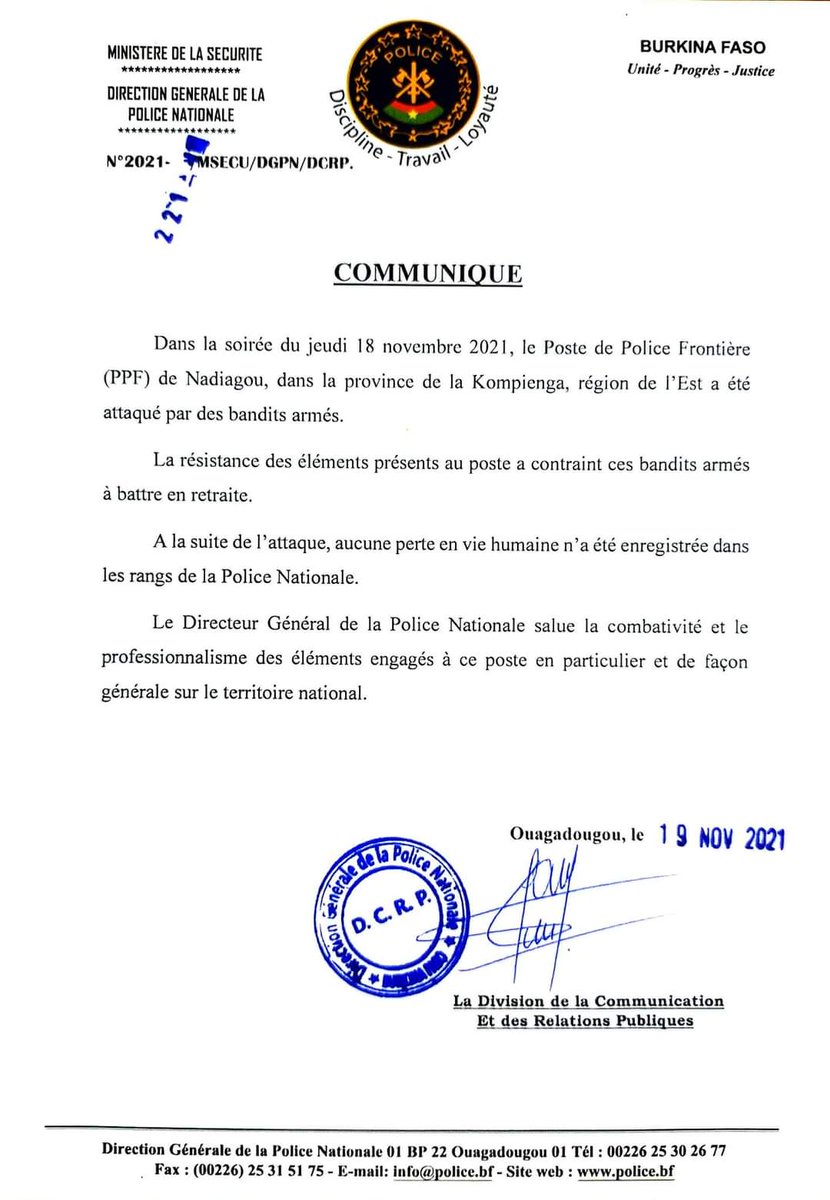 Sahel_Security's tweet photo. #Burkina #Region_EST #Kompienga:
#Attaque la nuit du 18 au 19/11 contre le Poste de Police Frontalière #PPF de #Nandiagou. Degats materiels enregistrés,
Attaque repoussée selon le communiqué de la hierarchie policière, personnel sain et sauf. https://t.co/UD4yyoMyt3