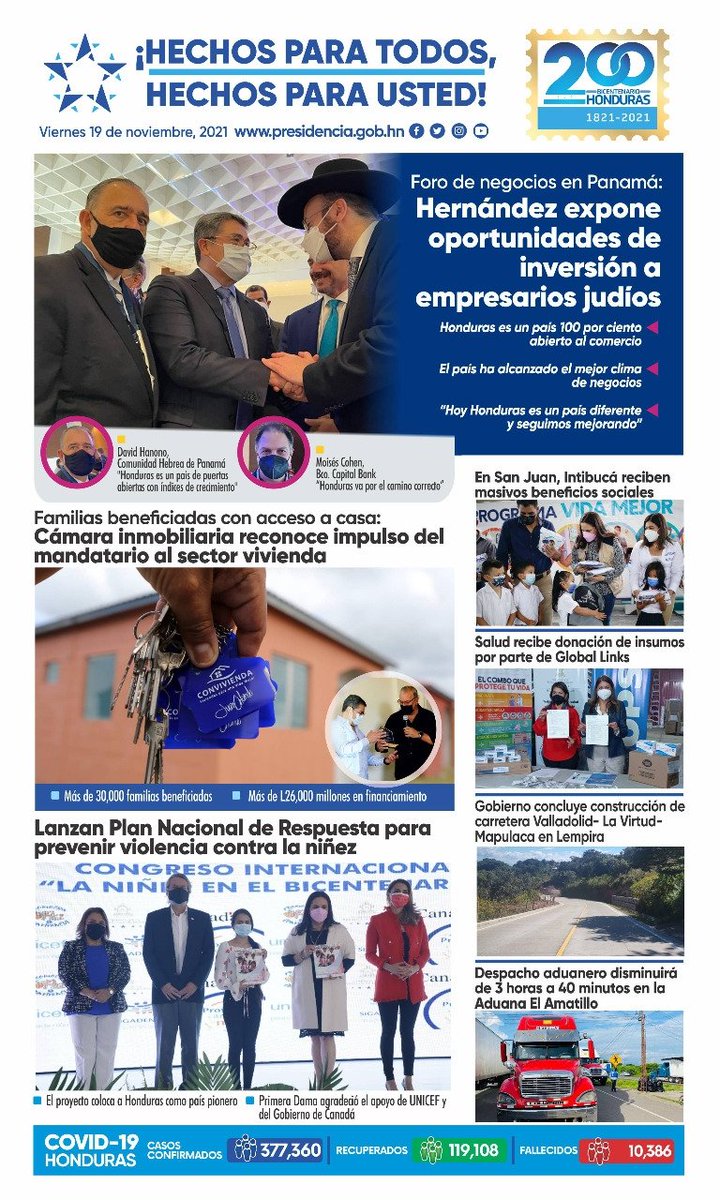 🗞️ 𝐏𝐎𝐑𝐓𝐀𝐃𝐀 | Compartimos con ustedes las noticias más destacadas para este viernes 19 de noviembre de 2021.
#𝐇𝐨𝐧𝐝𝐮𝐫𝐚𝐬𝐂𝐨𝐧𝐇𝐞𝐜𝐡𝐨𝐬

Estas noticias y más usted las podrá encontrar ingresando en:

⬇️⬇️⬇️
presidencia.gob.hn/press
