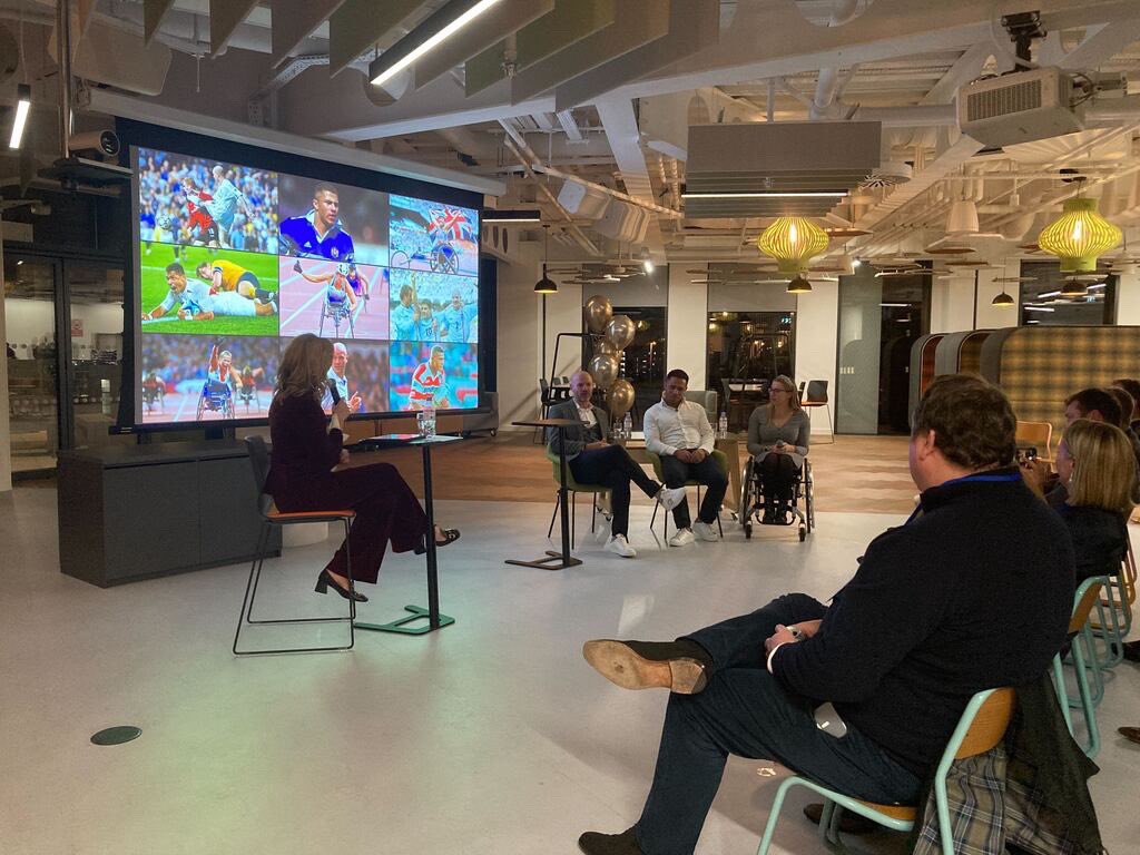 Stevemb2007's tweet photo. Great to have a brilliant event with @GabbyLogan as host and panellists @Jason15Robinson @HCDream2012 &amp; Danny Mills to help us celebrate the opening of the new @FlutterPLC and @SkyBetCareers office

Great to hear the stories of how #Yorkshire helped shape their amazing careers https://t.co/ybwXxnFOXg