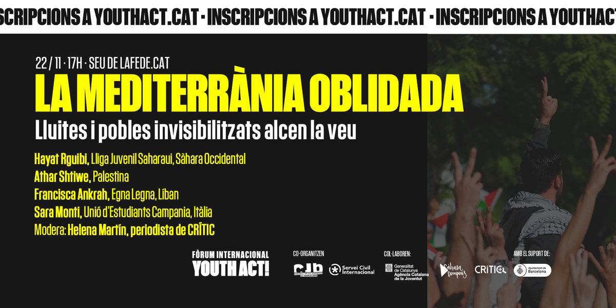 Sahara_Dempeus's tweet photo. ✊La mediterrània oblidada alça la veu! 

🗣️L'activista sahrauí Hayat Rguibi, d'Equipe Media i la Lliga juvenil sahrauí 🇪🇭, participarà en el Youth Act 🌍

👥Compartint amb activistes de Palestina, Líban i Itàlia.

📅22/11
🕙17h 
📍 La Fede i online
🔗 https://t.co/lDNY9P1AU1 https://t.co/T4pDQVSyzh