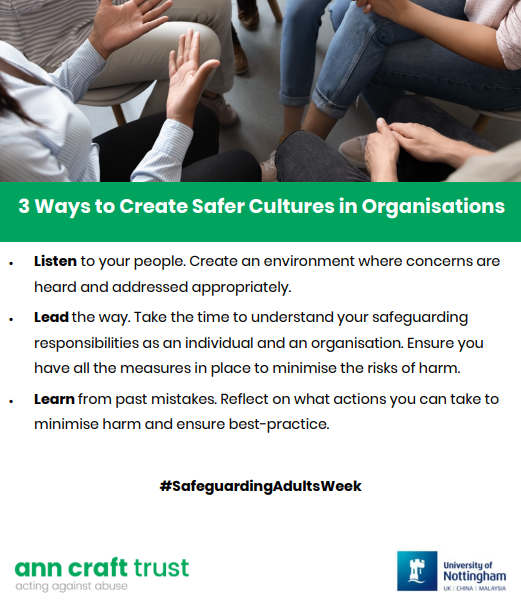 SGTrainingNotts's tweet photo. How can you create a safe culture within your organisation? Check out @AnnCraftTrust resources to #ListenLearnLead #SafegaurdingAdultsWeek https://t.co/73ivTGGp1s
